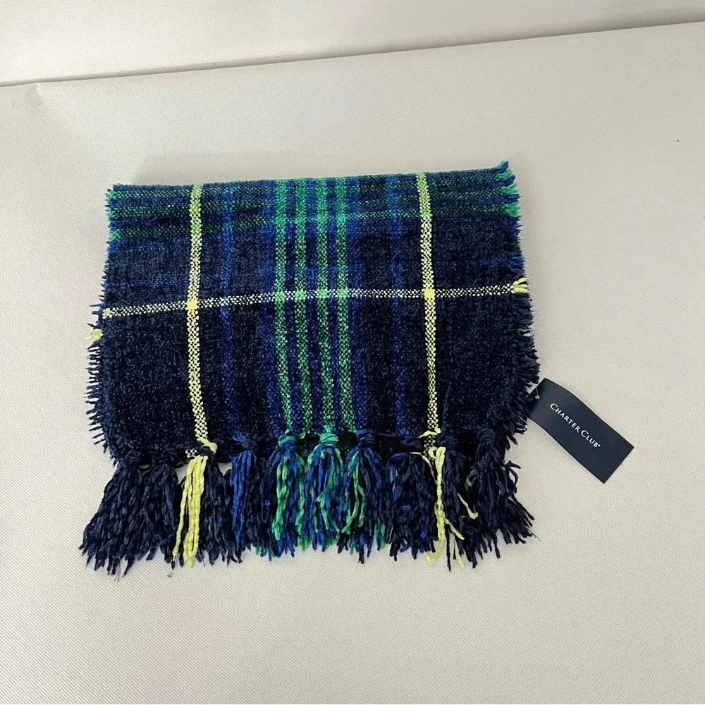Charter Club Chenille Scarf Plaid Fringed Navy Blue Multicolored